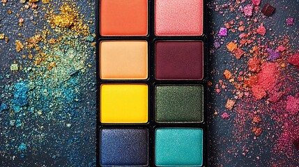 Wall Mural - A colorful palette of eyeshadow is displayed on a table