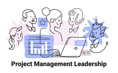 Poster - Project management leadership teamwork concept with diverse faces laptop charts stars in minimalist hand drawn style
