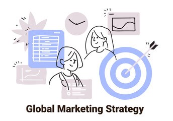 Poster - Global marketing strategy concept with people graphs targets and clock in minimalist doodle style business planning elements