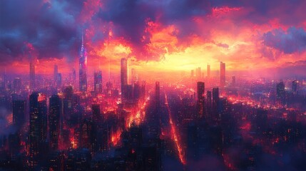 Canvas Print - Fiery sunset over a futuristic cityscape.