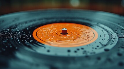 Wall Mural - Rain-soaked vinyl record spinning, orange label.