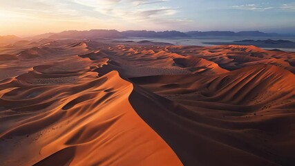 Wall Mural - Golden sand dunes in a vast desert illuminated by soft sunrise light