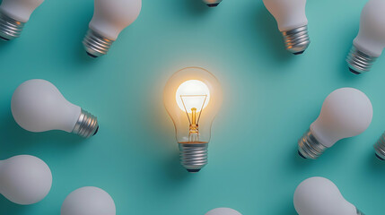 Poster - A glowing light bulb stands out among several unlit bulbs on a teal background, symbolizing innovation and creativity.