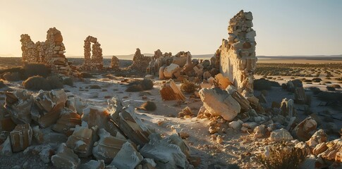 Wall Mural - Ancient stone ruins crumbling and half-buried in desert sand, a remnant of lost civilizations