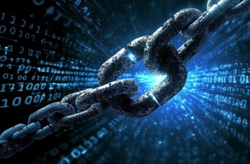 Blue and white binary code emphasizes the technology aspect of security. 