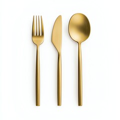 A set of elegant gold cutlery featuring a fork, knife, and spoon, ideal for upscale dining and special occasions.