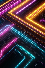 Poster - A vibrant and colorful abstract digital background featuring glowing neon lines in pink, orange, and blue hues, creating a futuristic technology-themed design.