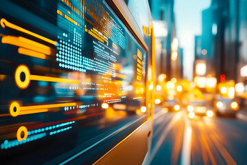 Poster - A vibrant cityscape featuring illuminated data patterns against a blurred background of traffic and urban lights, symbolizing technology and connectivity.