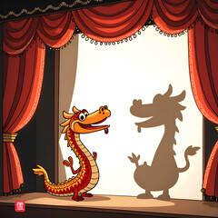 Canvas Print - A colorful dragon on stage with a shadow play in the theater spotlight, digital art of character design concept.