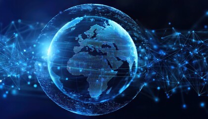 Poster - A glowing blue digital globe surrounded by interconnected data points, symbolizing global connectivity and technology.