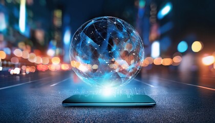 Poster - A futuristic smartphone displays a glowing globe, symbolizing global connectivity amidst a vibrant city backdrop at night.