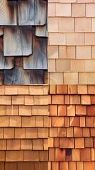 An assortment of cedar shingles in various shapes and sizes, arranged neatly to emphasize wood diversity.