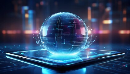 Poster - A glowing, digital sphere on a circuit-like base, surrounded by shimmering lights, representing advanced technology and innovation.