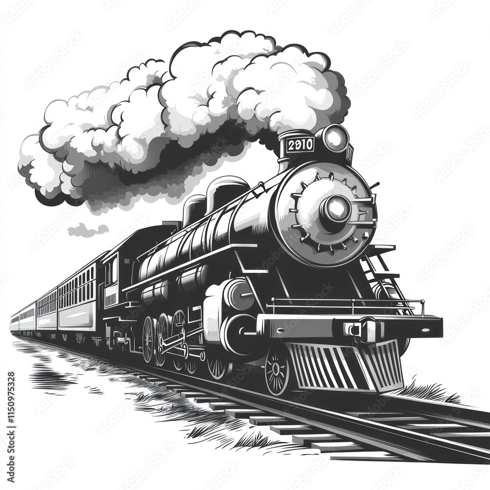 Black and white steam train illustration with smoke billowing above it ...