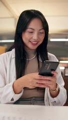 Sticker - Texting, smile and Asian woman with phone at office for online browsing and social media network. Female person, business and employee on break reading news on mobile technology for chatting on app