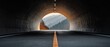 © Wan - A dark tunnel opens to a scenic view of mountains and a clear sky, featuring a solitary road marked by a yellow line.