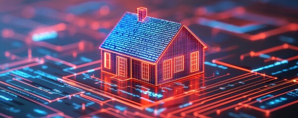 Poster - Home loan amortization concept. Digital transformation of real estate smart home model virtual environment futuristic concept close-up view