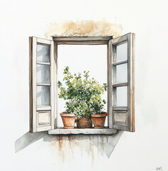 Canvas Print - a watercolour drawing of a open window and a ledge inside the window, white background