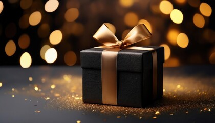 A beautifully wrapped black gift box with a gold ribbon, set against a backdrop of shimmering golden bokeh lights, perfect for celebrations.