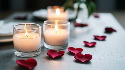 Wall Mural - Valentine love-filled day. Serene candles with rose petals for romantic ambiance