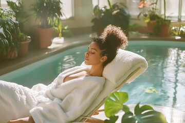 Young black woman relaxing in bathrobe by indoor pool in luxury spa