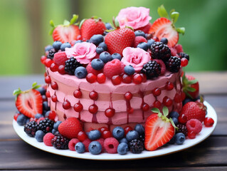 Poster - Pink Cake with Roses and Fresh Fruits