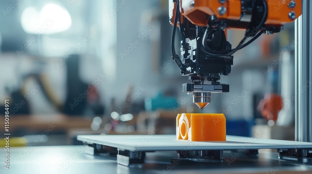 3D printer in action creating an orange object on a workbench Stock ...