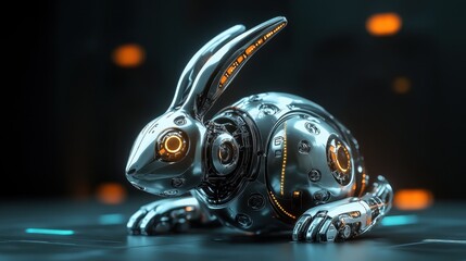 Poster - A futuristic nano robot in the shape of a rabbit, with sleek metallic finishes and glowing details, set against a dark tech-inspired background.
