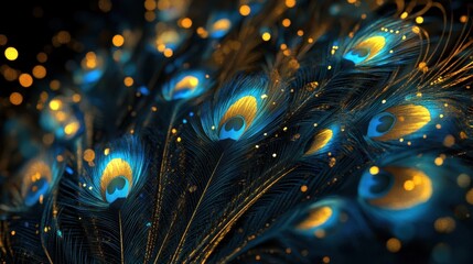 Poster - A low-poly 3D depiction of beautiful blue and gold peacock feathers, shining brightly against a deep black metaverse backdrop.