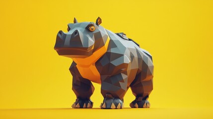 Poster - A low-poly hippo robot, designed with geometric shapes, stands on a solid yellow background, showcasing a sleek, modern aesthetic.