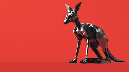 Poster - A low-poly kangaroo robot with sleek, geometric details, standing against a solid red background, emphasizing its futuristic vibe.