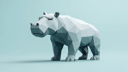 Poster - A minimalist low-poly hippo robot in front of a light blue background, presenting a clean, modern look with sharp, defined edges.