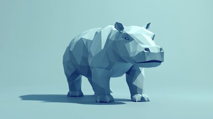 Poster - A minimalist low-poly hippo robot in front of a light blue background, presenting a clean, modern look with sharp, defined edges.