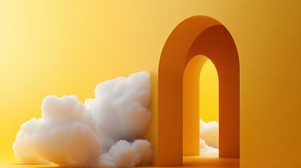 Poster - A minimalistic abstract image with a yellow backdrop and clouds flowing out of a tunnel, conveying a sense of movement and transformation.