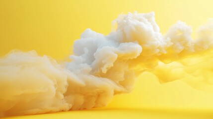 Poster - A minimalistic abstract image with a yellow backdrop and clouds flowing out of a tunnel, conveying a sense of movement and transformation.