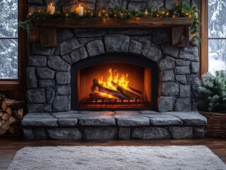 Canvas Print - Stone fireplace, burning fire, Christmas garland, snowy window.