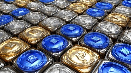 Poster - Colorful metallic stamps display art studio product photography creative space close-up visual design
