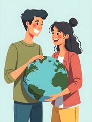 Wall Mural - Young Man and Woman Holding Earth Globe Illustration