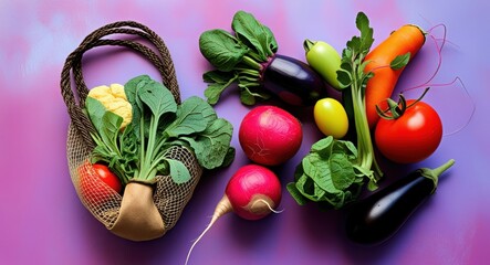 colorful vegetables, eggplant, tomatoes, apples, leafy greens, vibrant background, studio lighting, high contrast, fresh produce, artistic arrangement, healthy food photography, vivid colors, smooth t