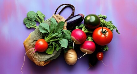 colorful vegetables, eggplant, tomatoes, apples, leafy greens, vibrant background, studio lighting, high contrast, fresh produce, artistic arrangement, healthy food photography, vivid colors, smooth t