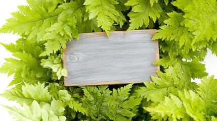 Poster - A wooden sign surrounded by lush green leaves, creating a natural frame that highlights the sign's blank space.