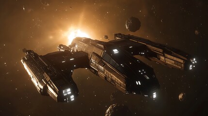 Poster - Spaceship soaring through asteroid field near sun.