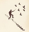 © watcharee - A silhouette of a person ascending stairs while birds fly above, symbolizing freedom and aspiration.