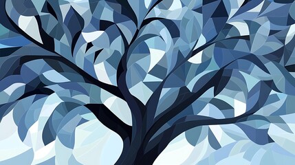 Poster - Abstract low-poly illustration of a tree with blue and gray leaves.