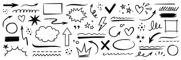 Aufkleber - Line hand drawn marker arrow, heart, text highlight brush shape element set. Hand drawn sketch marker underline shape, arrow, star scribble brush pen stroke element. Vector illustration.