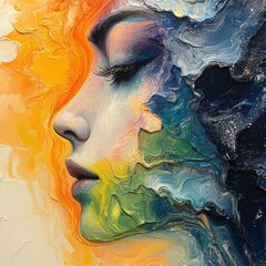 Canvas Print - Abstract impasto painting, colorful woman's face.