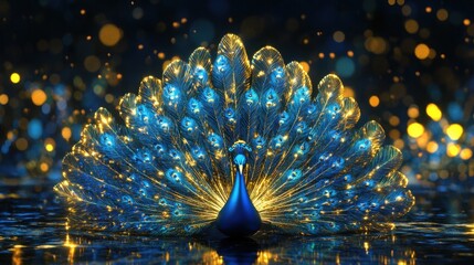 Poster - Gorgeous low-poly 3D peacock feathers in blue and gold, standing out against a modern, dark metaverse background with glowing accents.