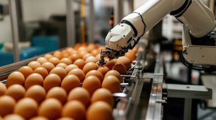Poster - High-tech automation on an industrial production line, where a robotic arm efficiently handles eggs for packaging.