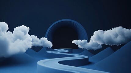 Poster - Minimalist dark blue design with soft white clouds emerging from a tunnel, symbolizing escape and imagination
