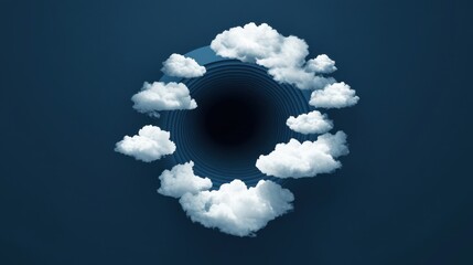 Poster - Minimalist dark blue design with soft white clouds emerging from a tunnel, symbolizing escape and imagination